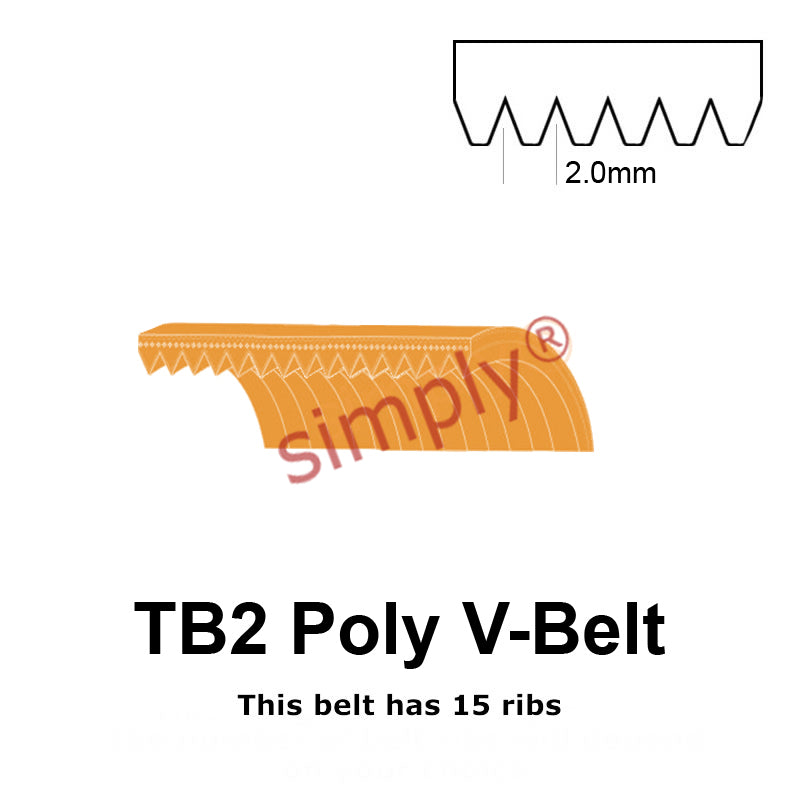 TB2-380 Megadyne Megarib Polyurethane Poly V-Belt 380mm/15 inch Length - 15 Ribs - Allow 2-3 Days
