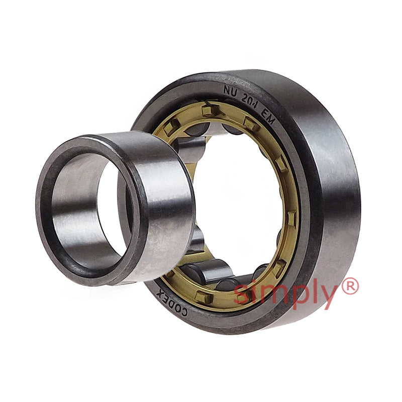 Codex NU204EM Single Row Cylindrical Roller Bearing Extra Load Brass Cage 20x47x14mm
